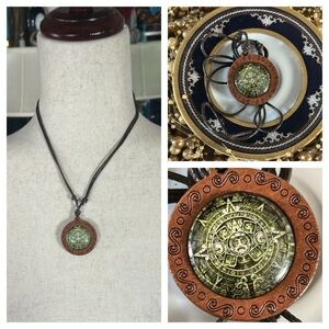 Wooden Aztec Calendar Pendant Necklace